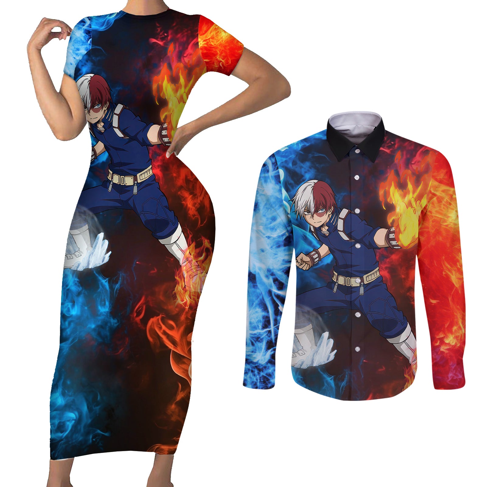 Shoto Todoroki - My Hero Academia Couples Matching Short Sleeve Bodycon Dress and Long Sleeve Button Shirt Anime Style
