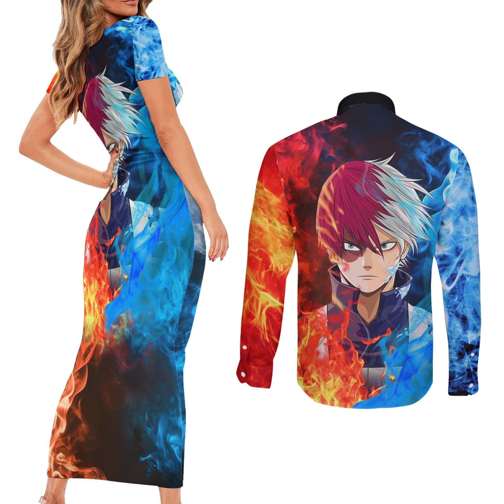 Shoto Todoroki - My Hero Academia Couples Matching Short Sleeve Bodycon Dress and Long Sleeve Button Shirt Anime Style