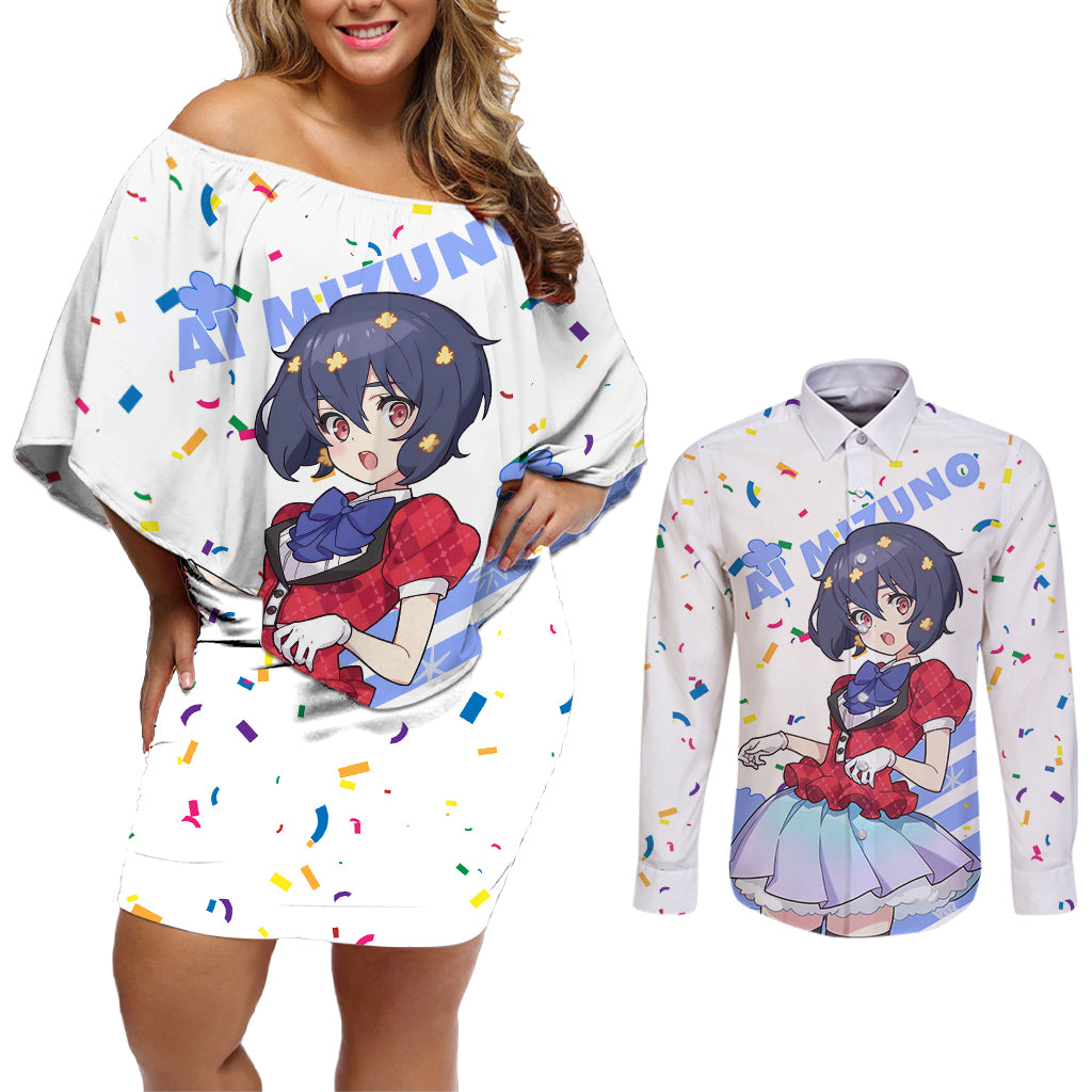 Zombie Land Saga Ai Mizuno Couples Matching Off Shoulder Short Dress and Long Sleeve Button Shirt Anime Style