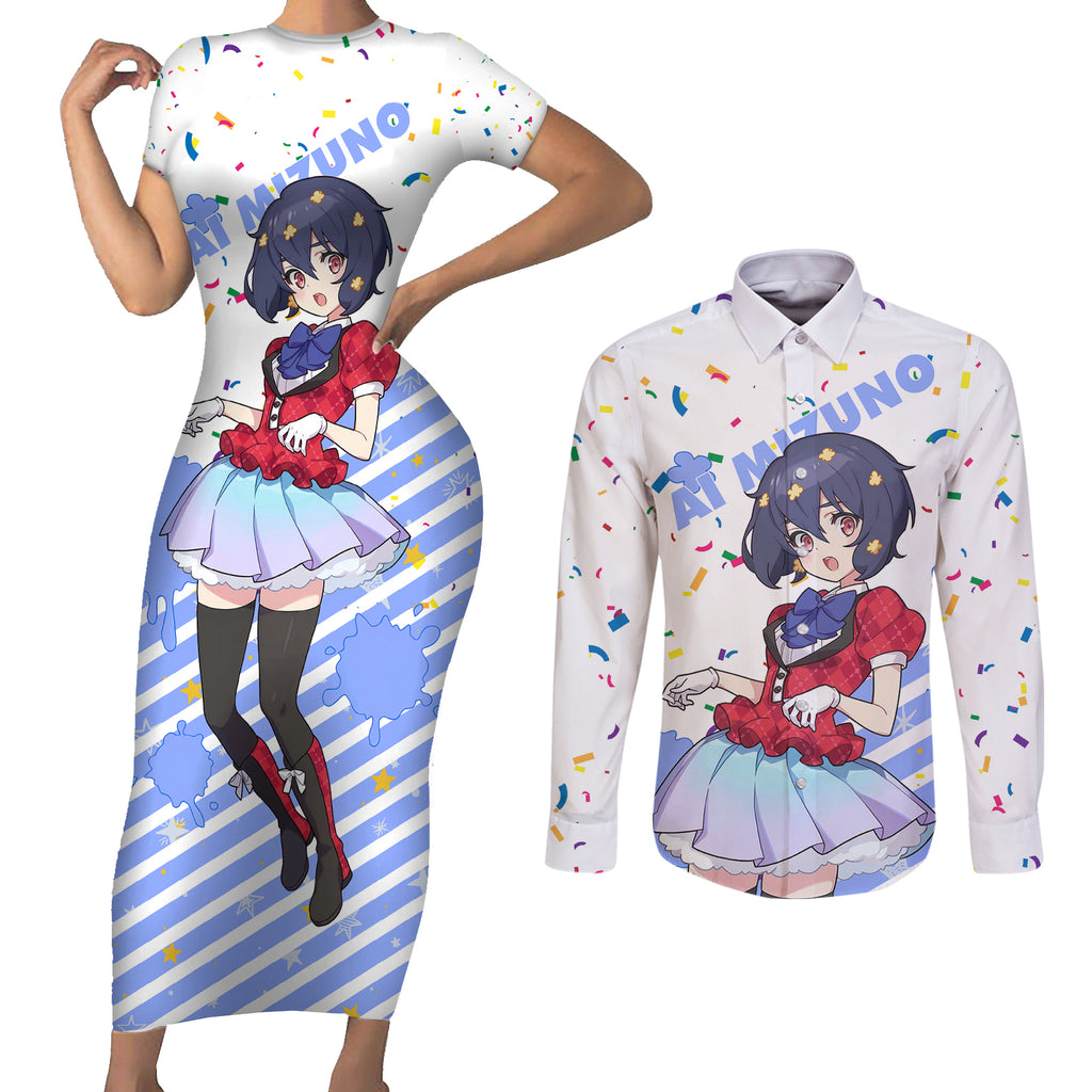 Zombie Land Saga Ai Mizuno Couples Matching Short Sleeve Bodycon Dress and Long Sleeve Button Shirt Anime Style