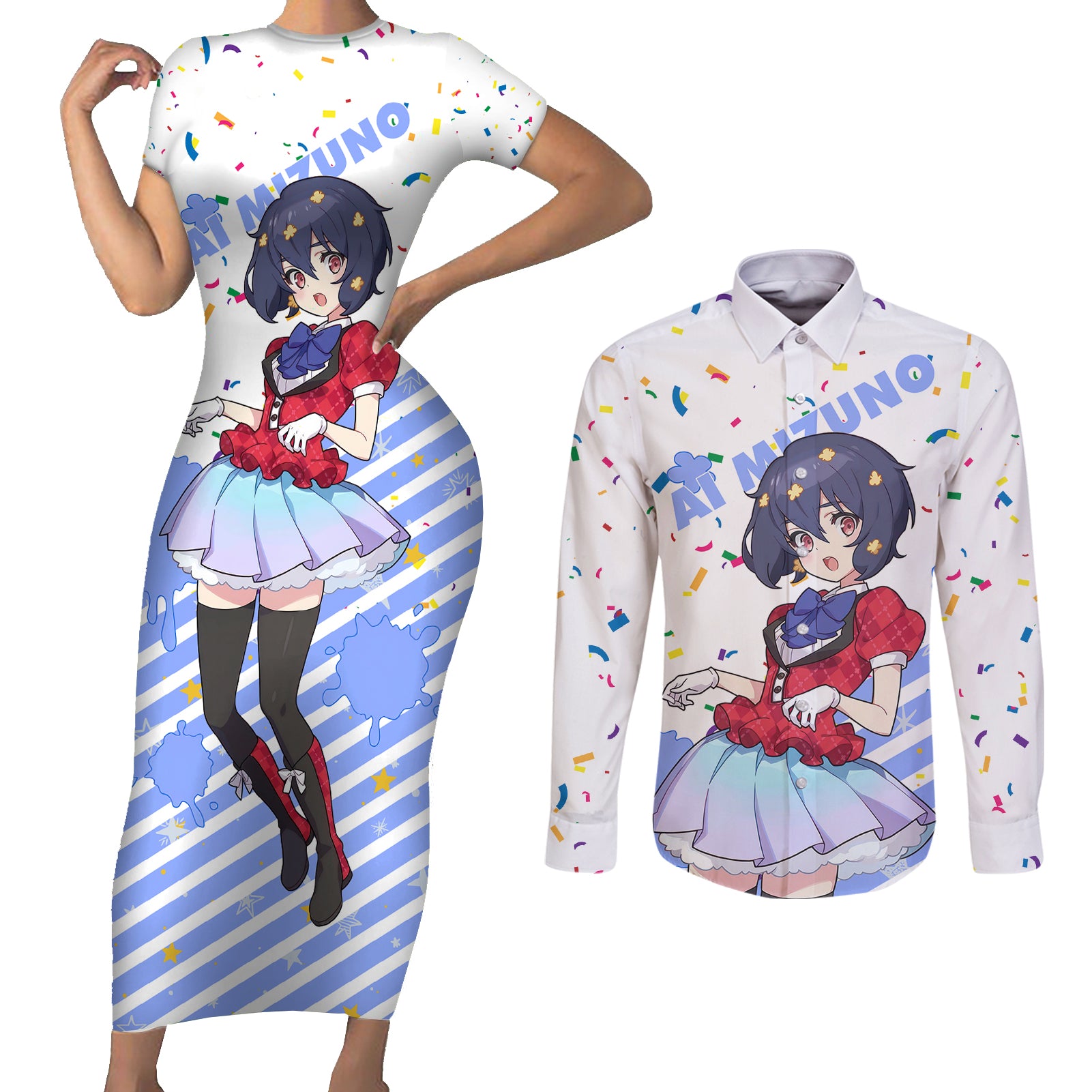 Zombie Land Saga Ai Mizuno Couples Matching Short Sleeve Bodycon Dress and Long Sleeve Button Shirt Anime Style