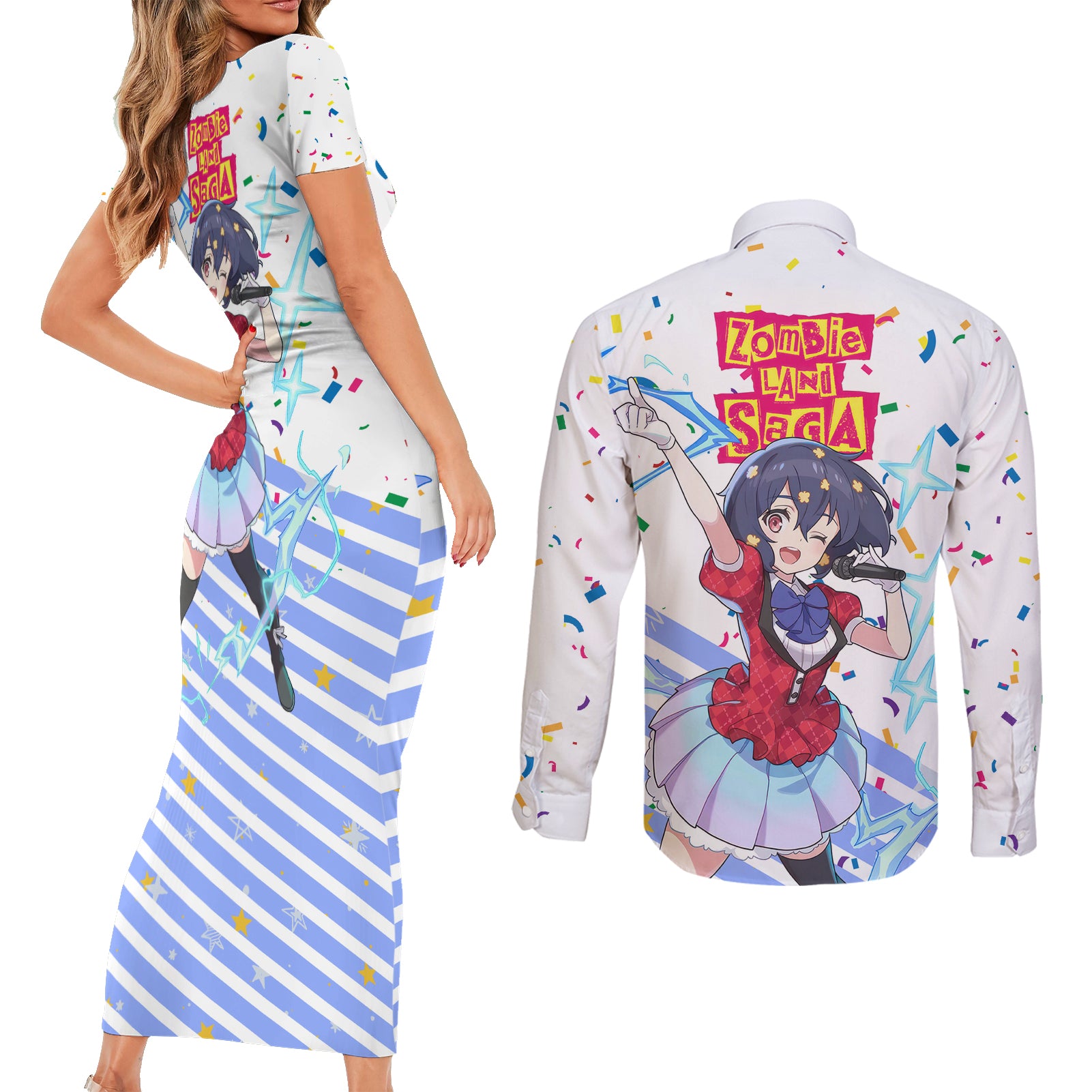 Zombie Land Saga Ai Mizuno Couples Matching Short Sleeve Bodycon Dress and Long Sleeve Button Shirt Anime Style