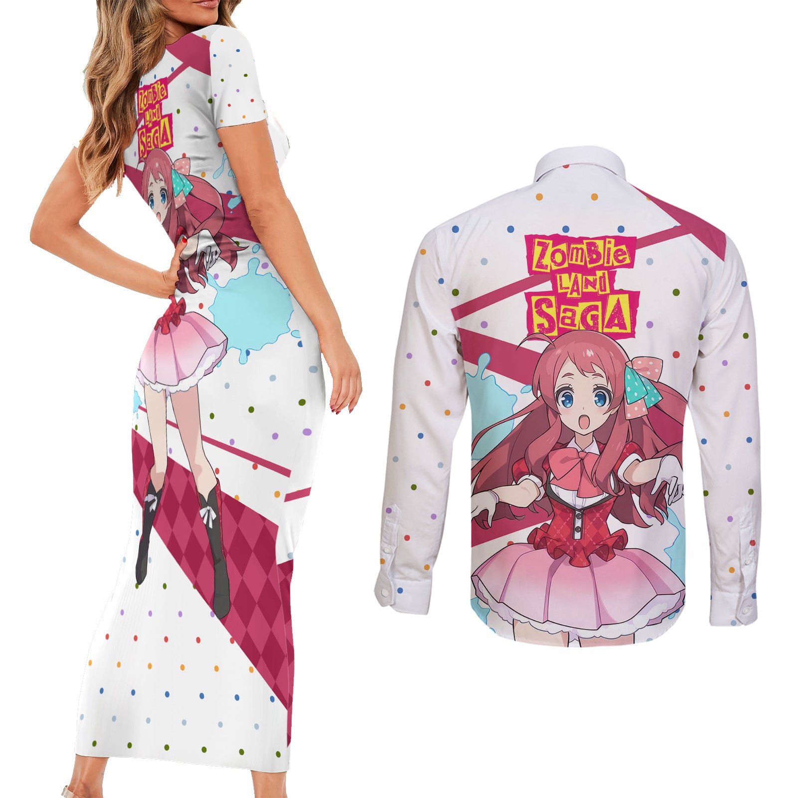 Zombie Land Saga Sakura Minamoto Couples Matching Short Sleeve Bodycon Dress and Long Sleeve Button Shirt Anime Style