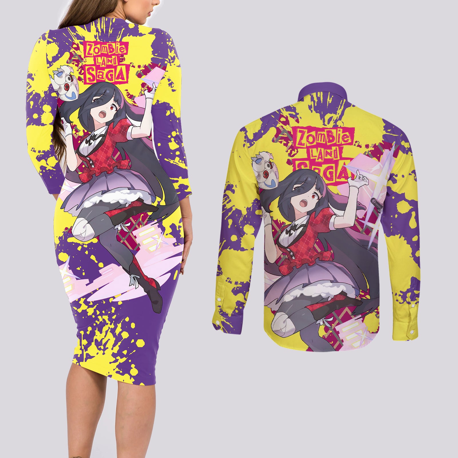 Zombie Land Saga Tae Yamada Couples Matching Long Sleeve Bodycon Dress and Long Sleeve Button Shirt Anime Style