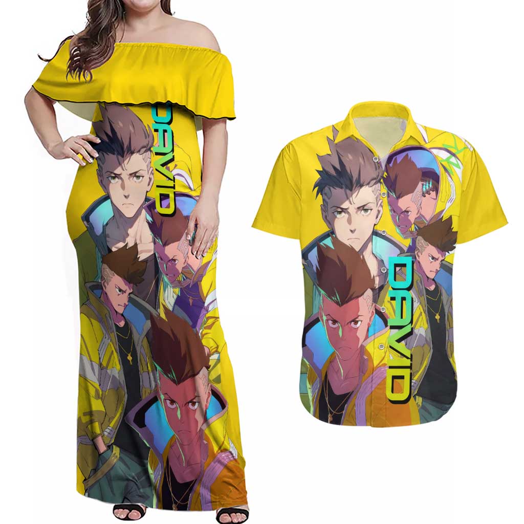 David Martinez - Cyberpunk: Edgerunners Couples Matching Off Shoulder Maxi Dress and Hawaiian Shirt Anime Style