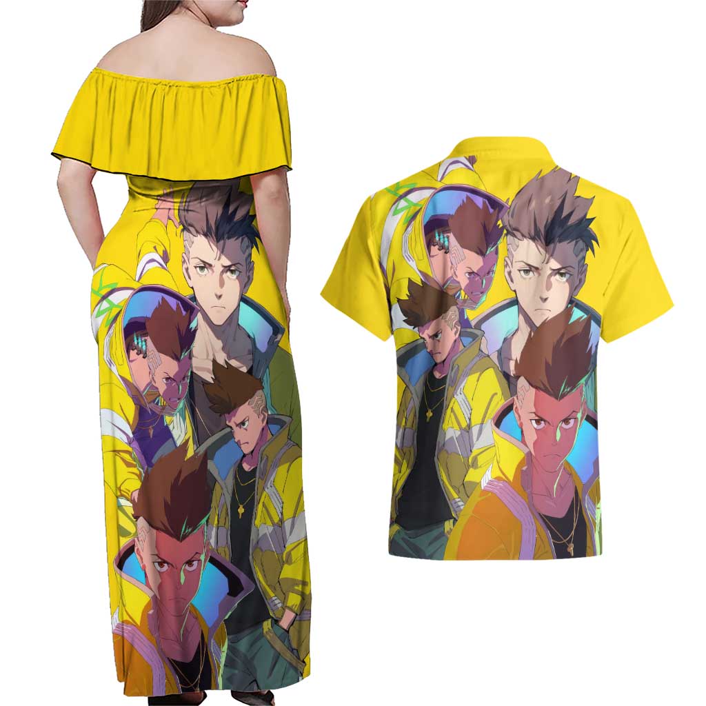 David Martinez - Cyberpunk: Edgerunners Couples Matching Off Shoulder Maxi Dress and Hawaiian Shirt Anime Style