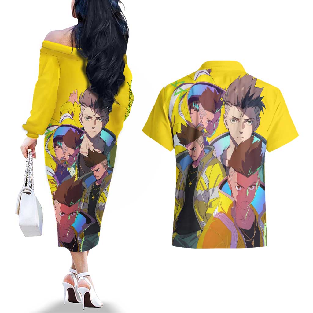 David Martinez - Cyberpunk: Edgerunners Couples Matching Off The Shoulder Long Sleeve Dress and Hawaiian Shirt Anime Style