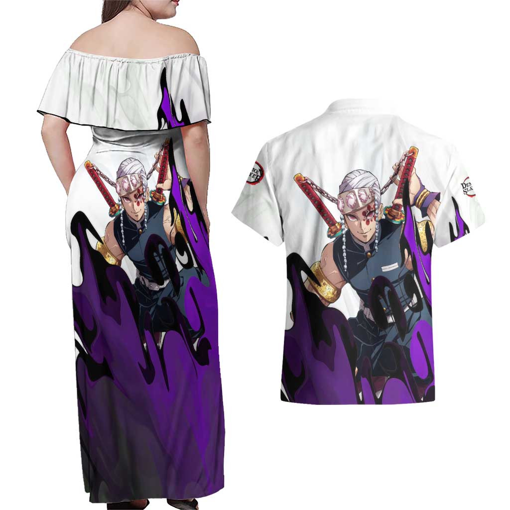 Tengen Uzui - Demon Slayer Couples Matching Off Shoulder Maxi Dress and Hawaiian Shirt Anime Style