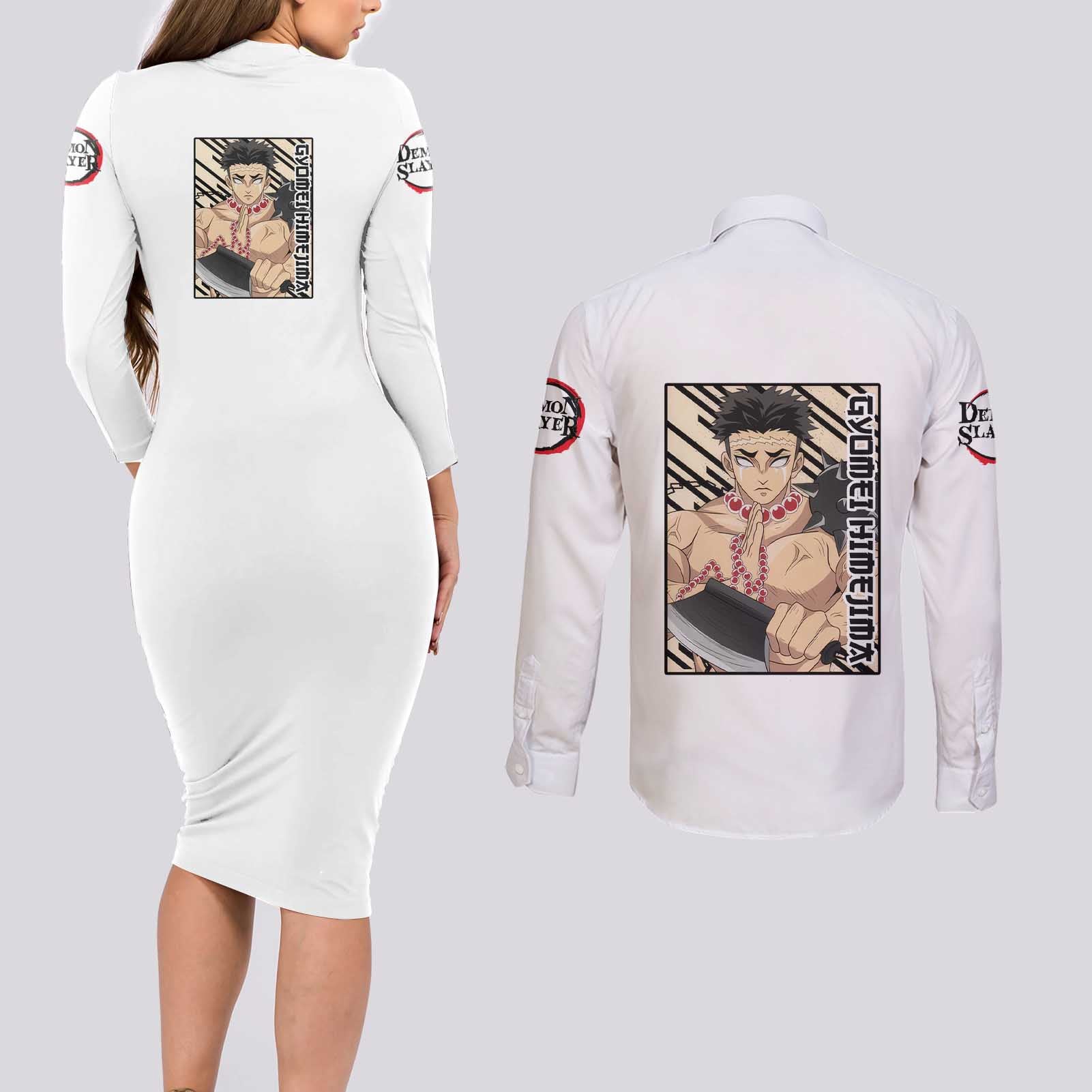 Gyomei Himejima - Demon Slayer Couples Matching Long Sleeve Bodycon Dress and Long Sleeve Button Shirt Anime Style