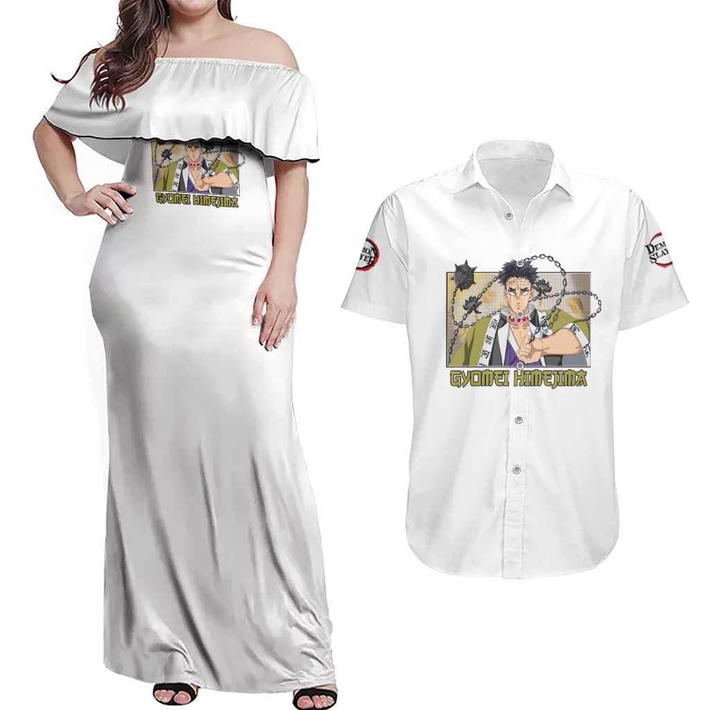 Gyomei Himejima - Demon Slayer Couples Matching Off Shoulder Maxi Dress and Hawaiian Shirt Anime Style