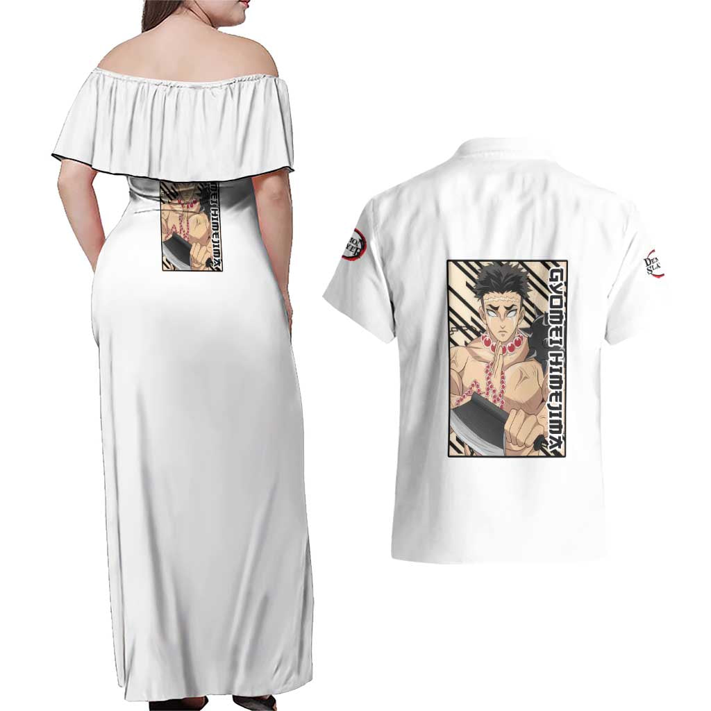 Gyomei Himejima - Demon Slayer Couples Matching Off Shoulder Maxi Dress and Hawaiian Shirt Anime Style