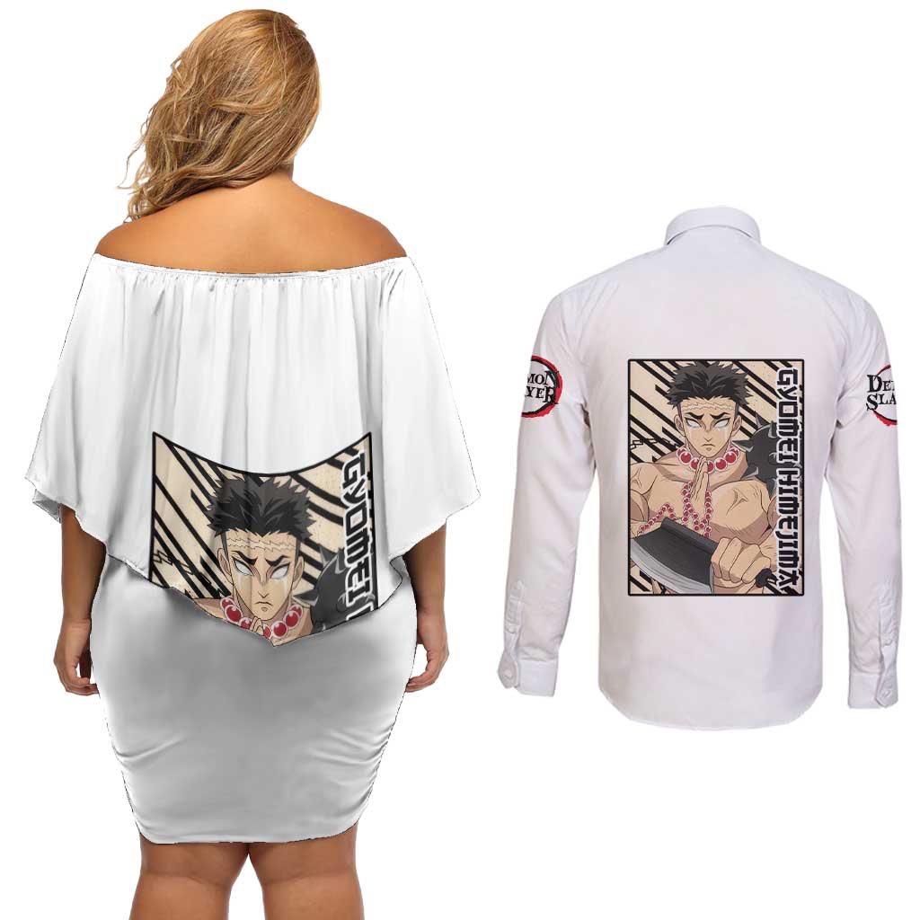Gyomei Himejima - Demon Slayer Couples Matching Off Shoulder Short Dress and Long Sleeve Button Shirt Anime Style