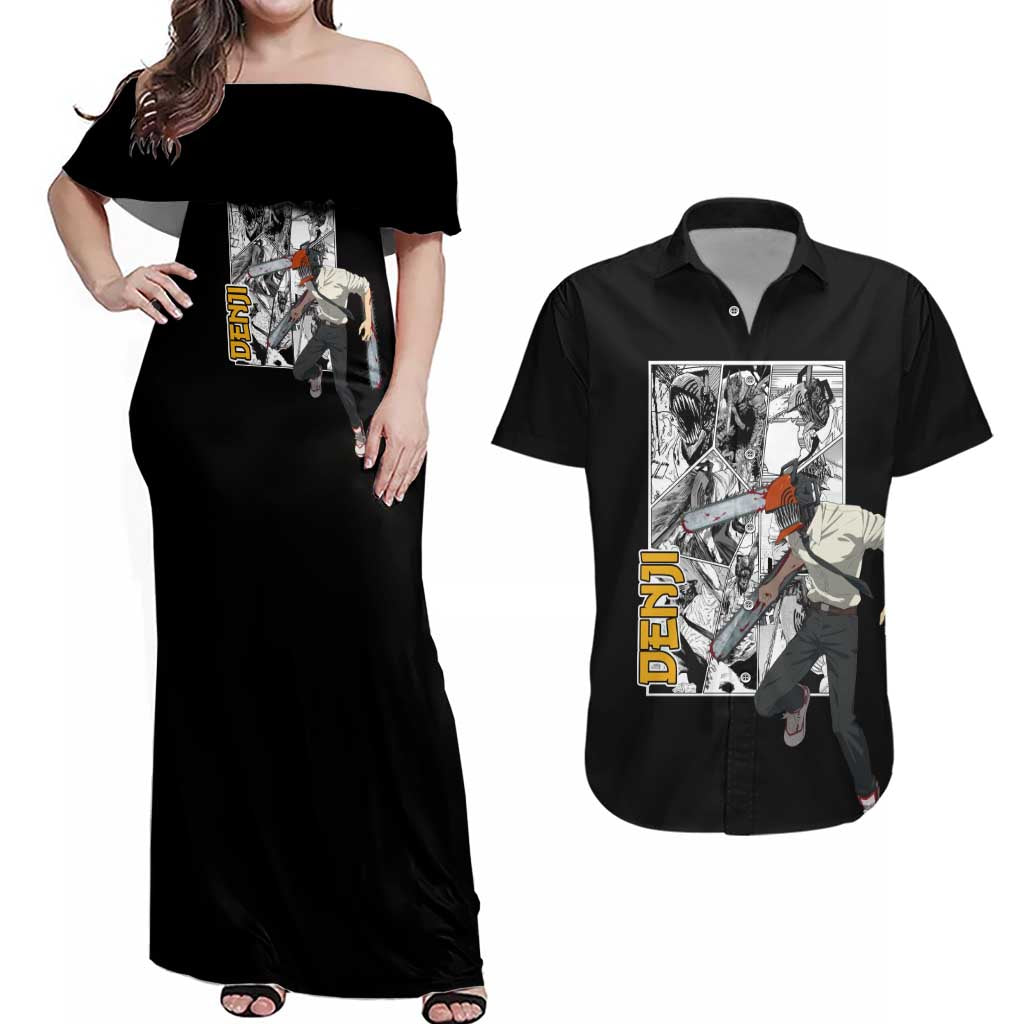 Denji - Chawsan man Couples Matching Off Shoulder Maxi Dress and Hawaiian Shirt Anime Mix Manga Style