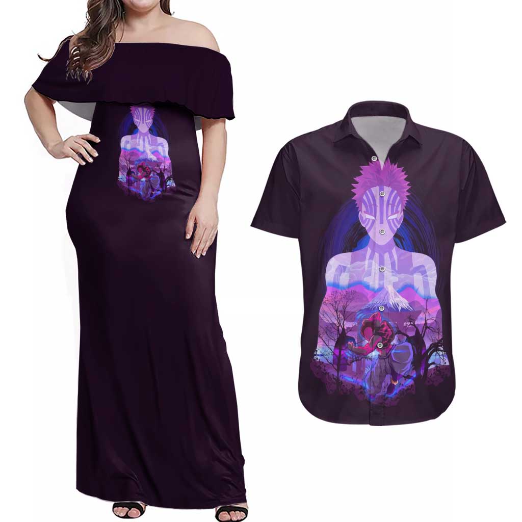 Akaza - Demon Slayer Couples Matching Off Shoulder Maxi Dress and Hawaiian Shirt Anime Style
