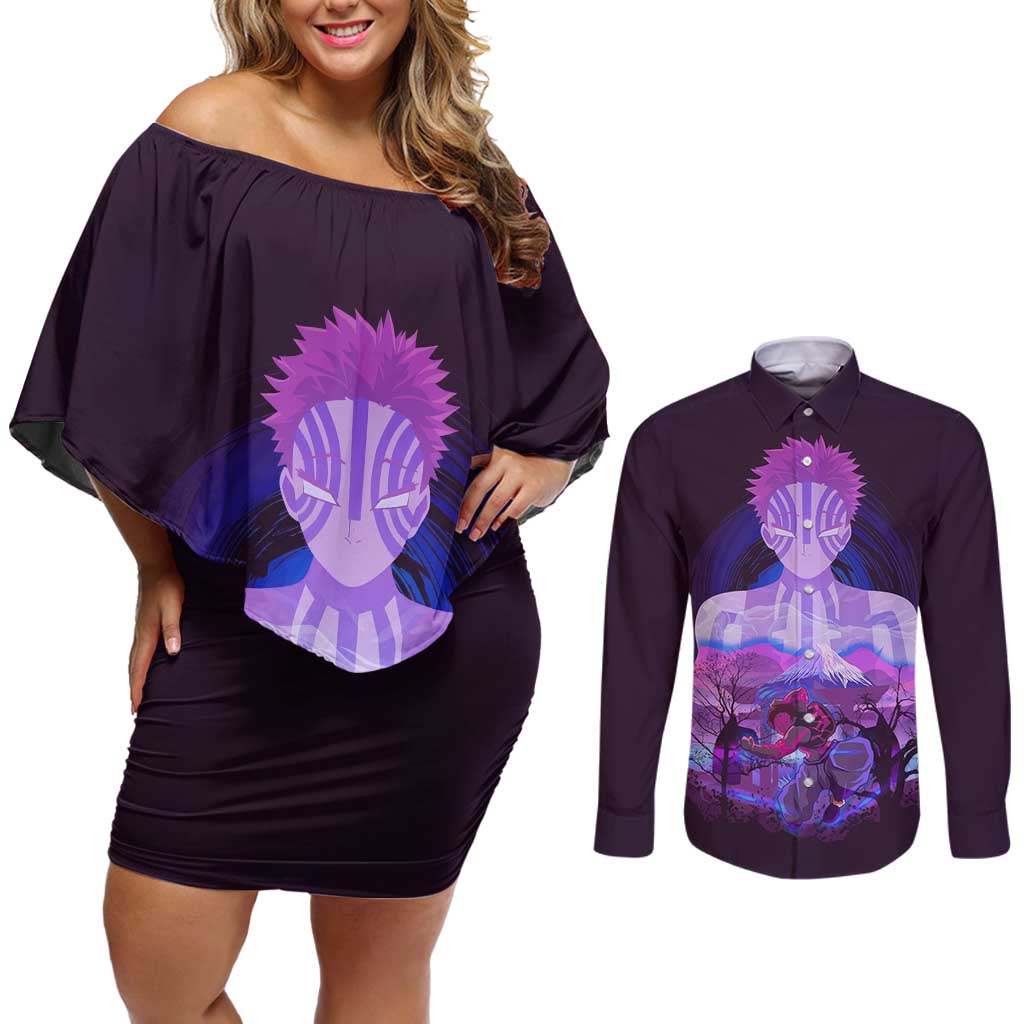Akaza - Demon Slayer Couples Matching Off Shoulder Short Dress and Long Sleeve Button Shirt Anime Style