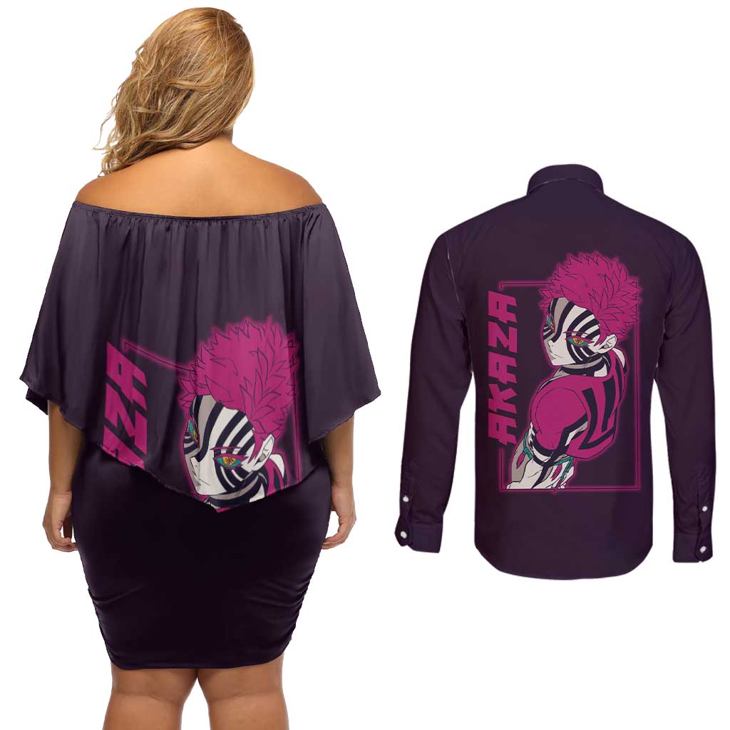 Akaza - Demon Slayer Couples Matching Off Shoulder Short Dress and Long Sleeve Button Shirt Anime Style