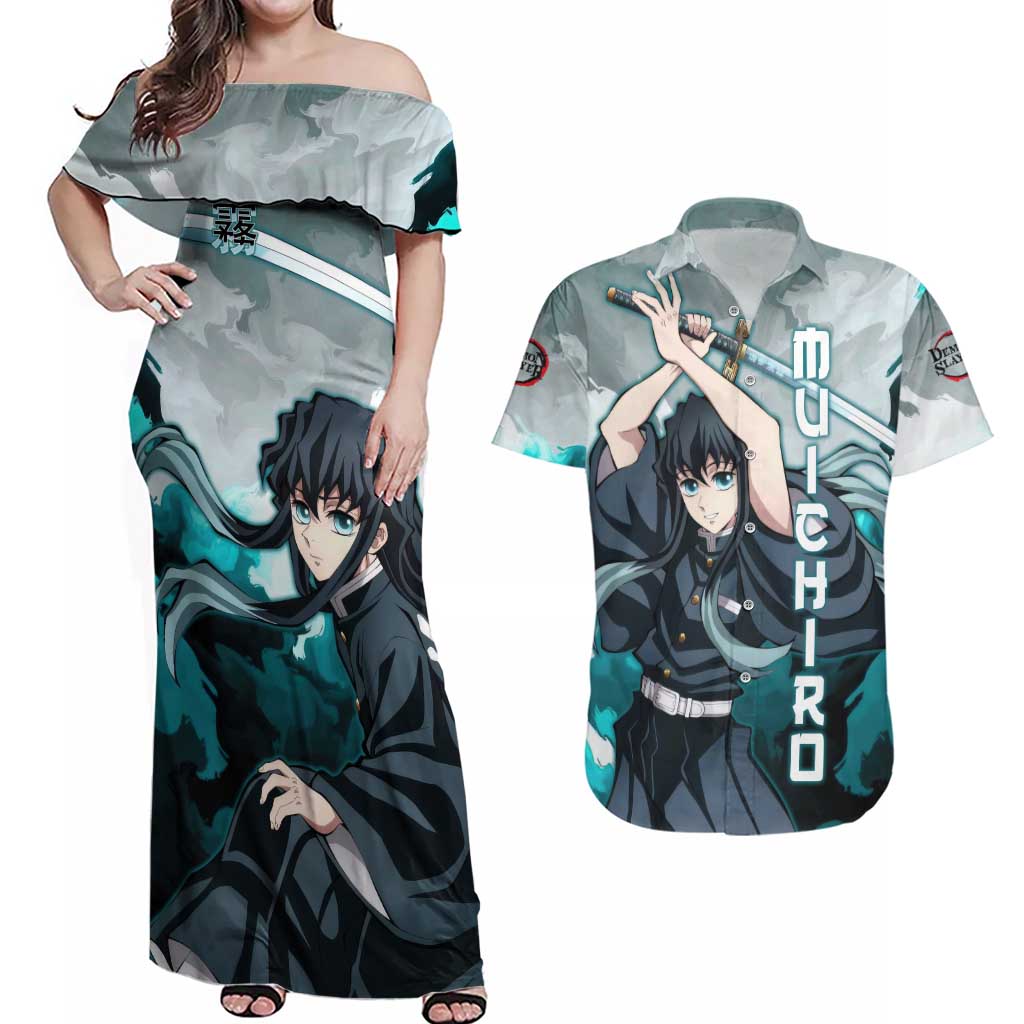 Muichiro Tokito - Demon Slayer Couples Matching Off Shoulder Maxi Dress and Hawaiian Shirt Anime Style