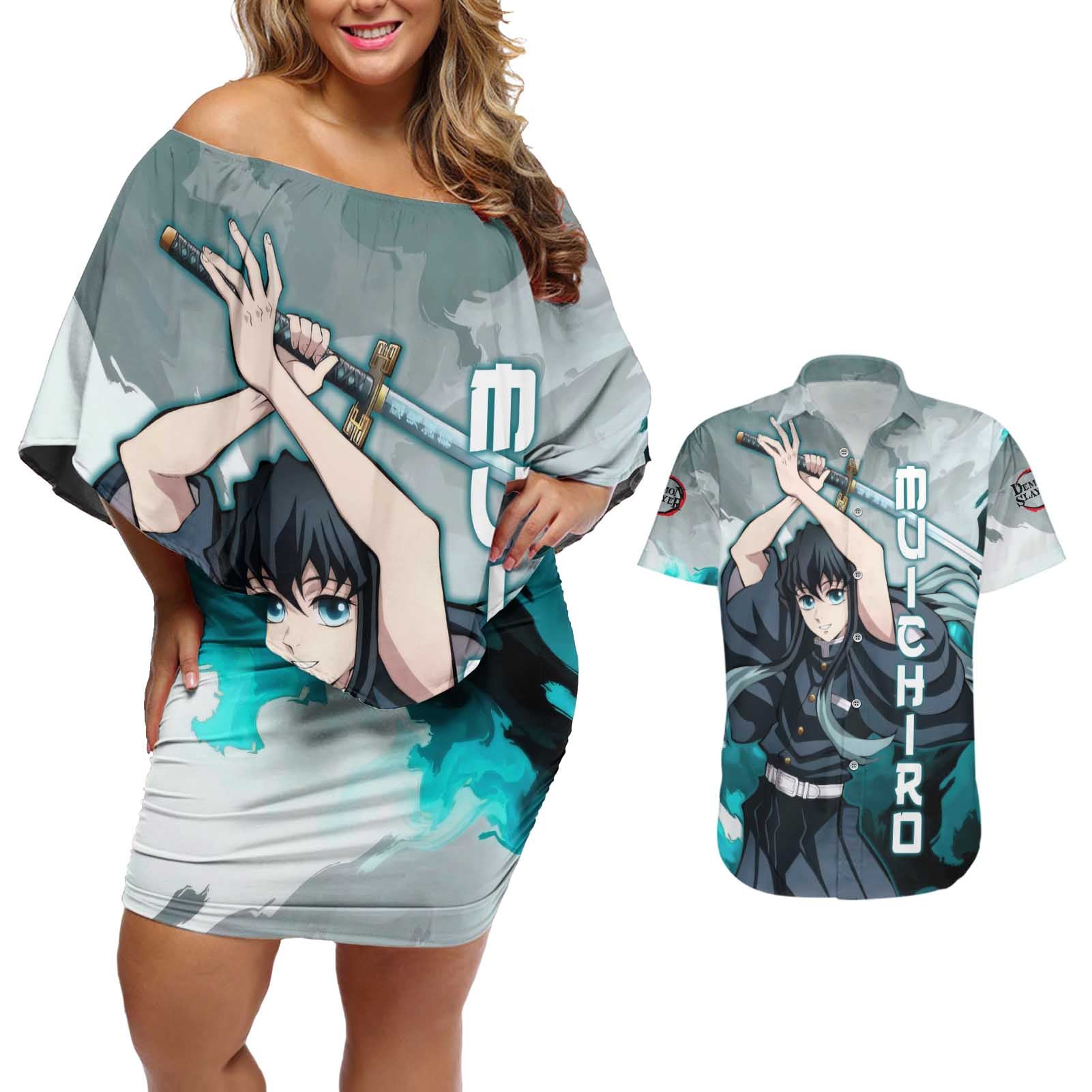 Muichiro Tokito - Demon Slayer Couples Matching Off Shoulder Short Dress and Hawaiian Shirt Anime Style