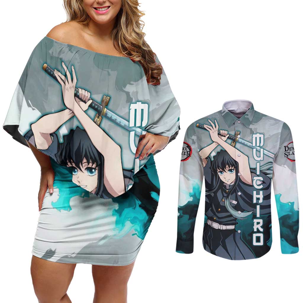 Muichiro Tokito - Demon Slayer Couples Matching Off Shoulder Short Dress and Long Sleeve Button Shirt Anime Style