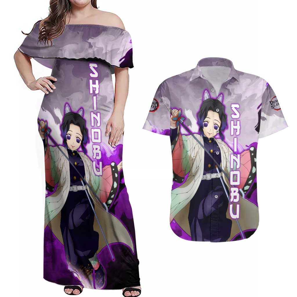 Shinobu Kocho - Demon Slayer Couples Matching Off Shoulder Maxi Dress and Hawaiian Shirt Anime Style