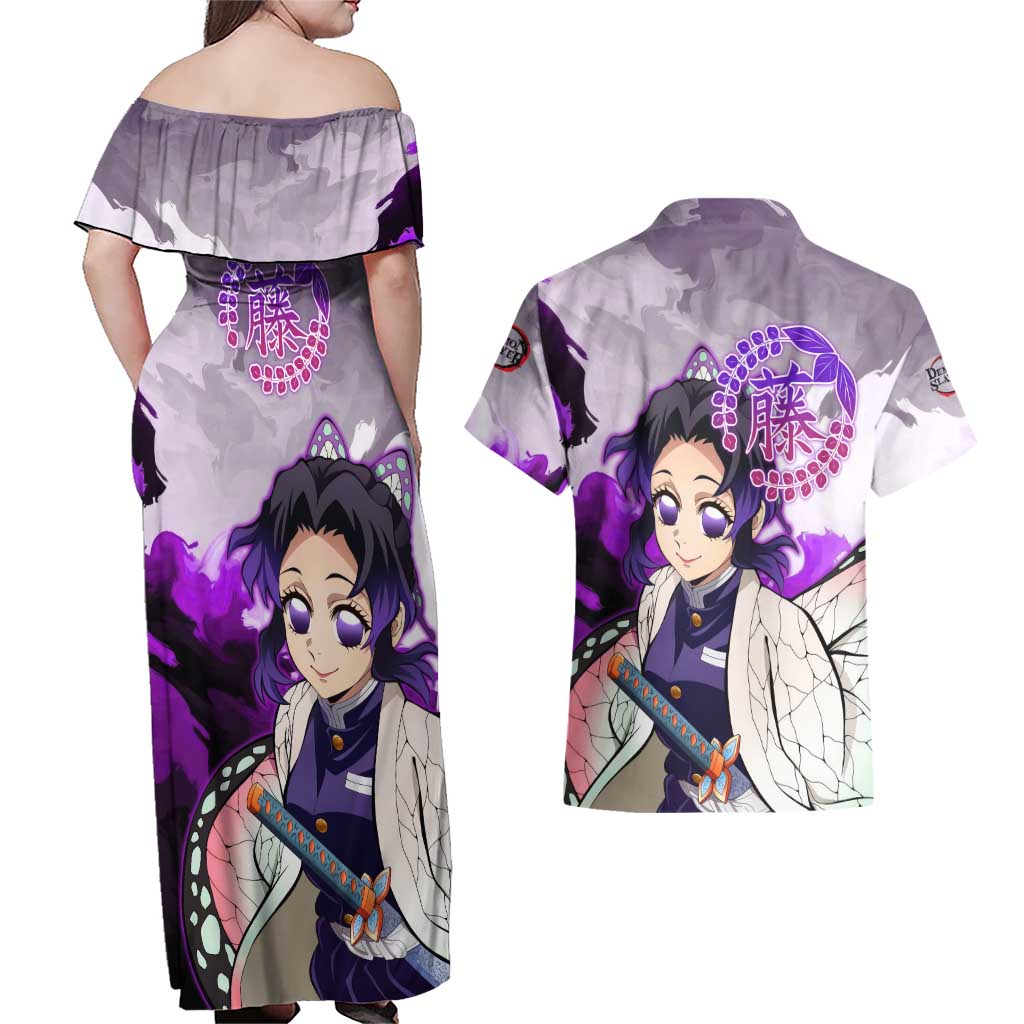 Shinobu Kocho - Demon Slayer Couples Matching Off Shoulder Maxi Dress and Hawaiian Shirt Anime Style