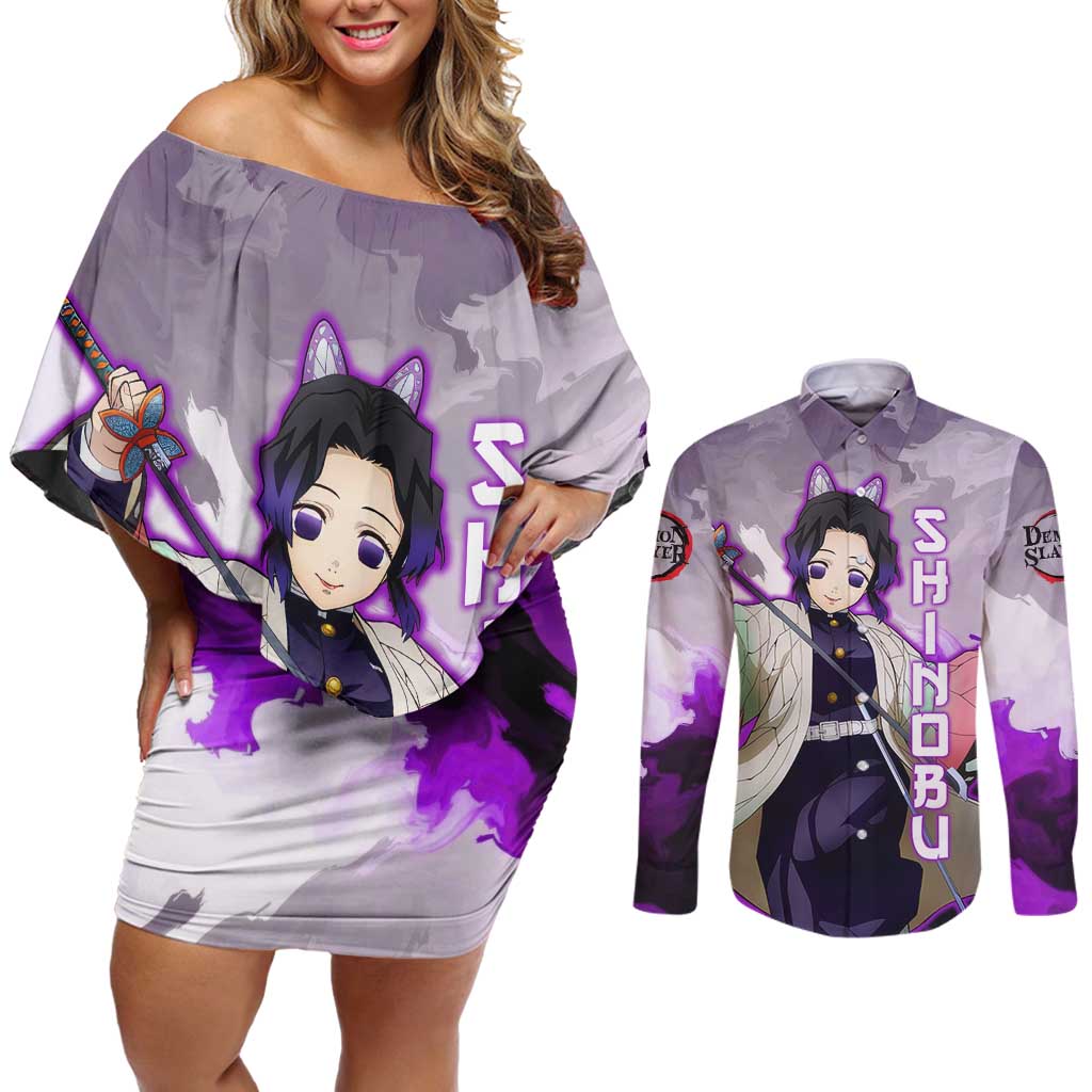 Shinobu Kocho - Demon Slayer Couples Matching Off Shoulder Short Dress and Long Sleeve Button Shirt Anime Style