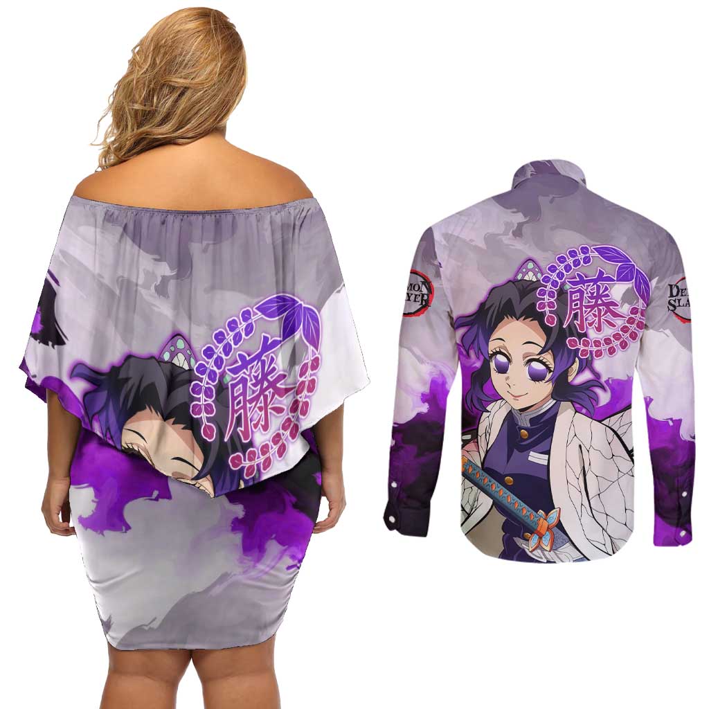 Shinobu Kocho - Demon Slayer Couples Matching Off Shoulder Short Dress and Long Sleeve Button Shirt Anime Style