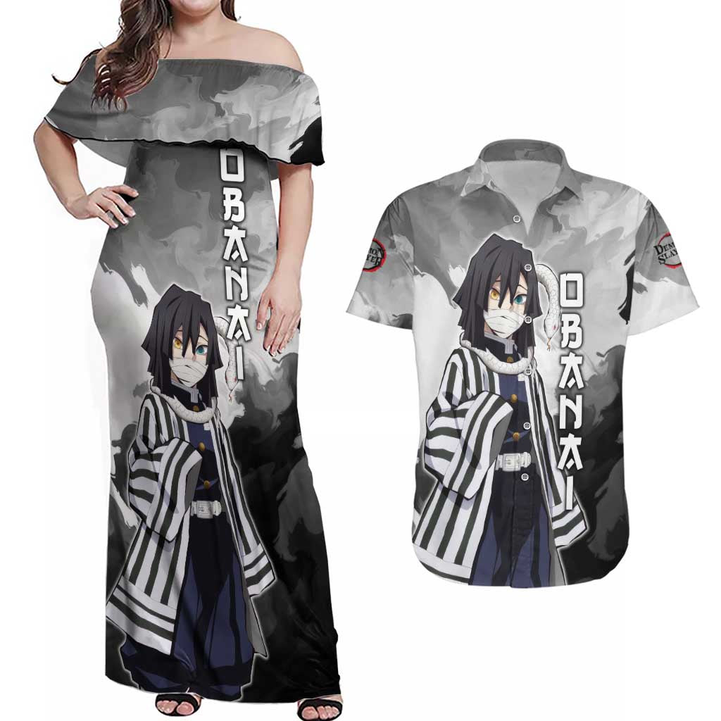 Obanai Iguro - Demon Slayer Couples Matching Off Shoulder Maxi Dress and Hawaiian Shirt Anime Style