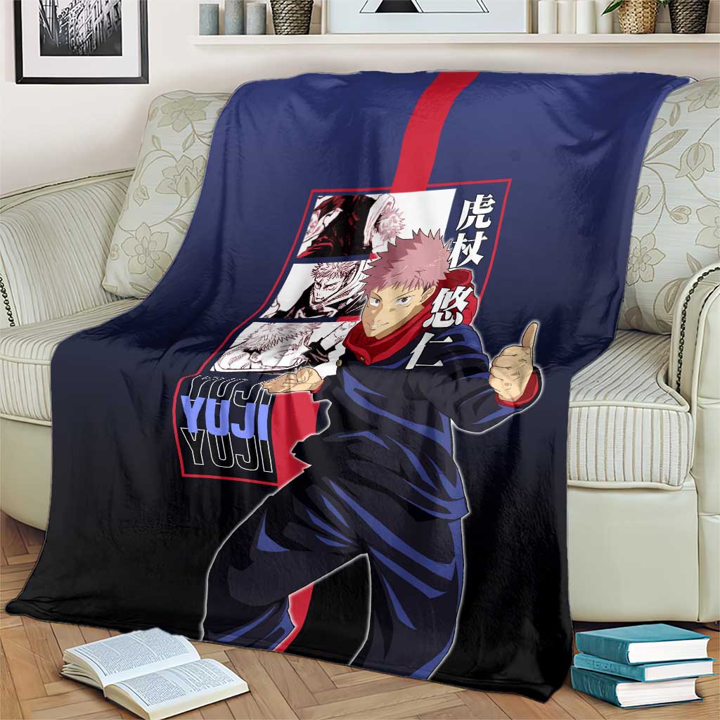 Yuji Itadori from Jujutsu Kaisen Blanket with Action Pose and Energetic Expressions Design - The Mazicc
