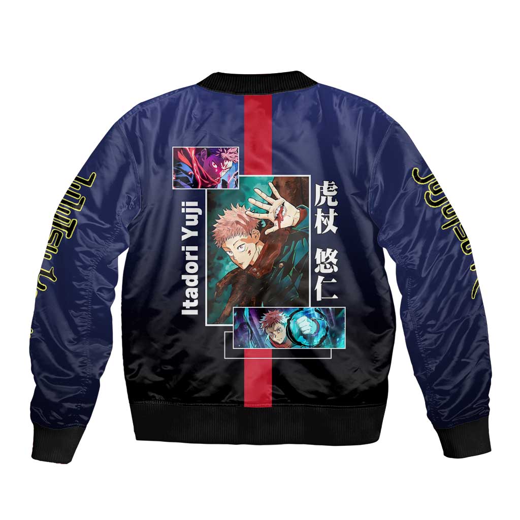 Yuji Itadori from Jujutsu Kaisen Bomber Jacket with Action Pose and Energetic Expressions Design - The Mazicc