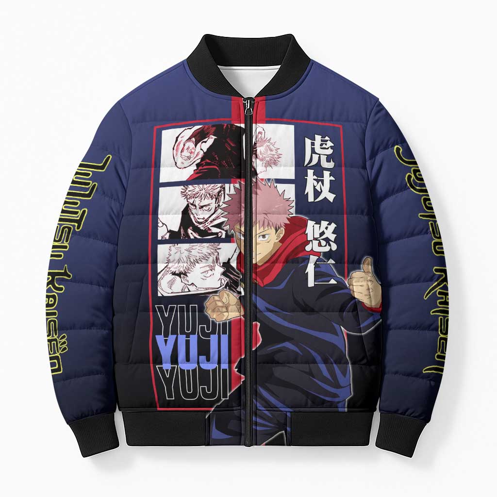 Yuji Itadori from Jujutsu Kaisen Bomber Puffer Jacket with Action Pose and Energetic Expressions Design - The Mazicc