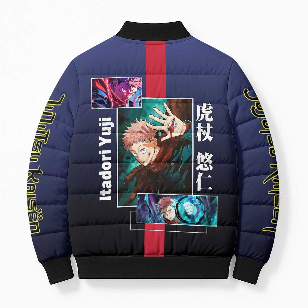 Yuji Itadori from Jujutsu Kaisen Bomber Puffer Jacket with Action Pose and Energetic Expressions Design - The Mazicc