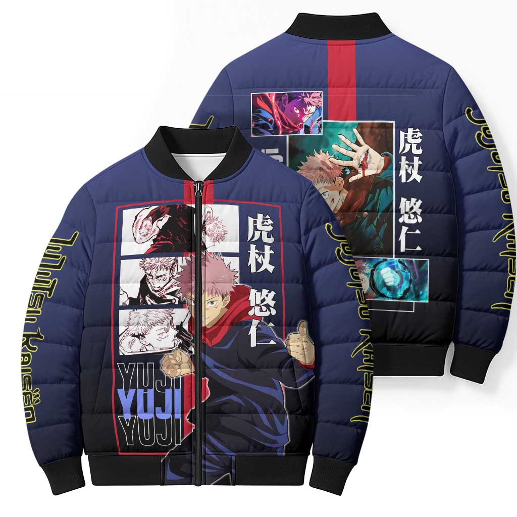 Yuji Itadori from Jujutsu Kaisen Bomber Puffer Jacket with Action Pose and Energetic Expressions Design - The Mazicc