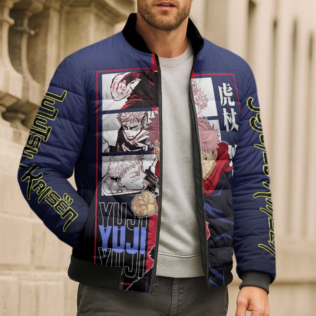 Yuji Itadori from Jujutsu Kaisen Bomber Puffer Jacket with Action Pose and Energetic Expressions Design - The Mazicc