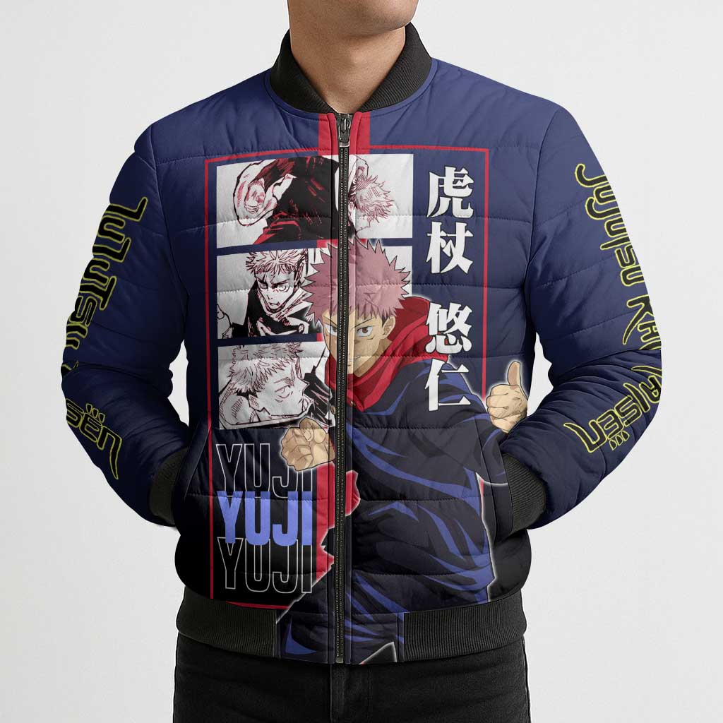 Yuji Itadori from Jujutsu Kaisen Bomber Puffer Jacket with Action Pose and Energetic Expressions Design - The Mazicc