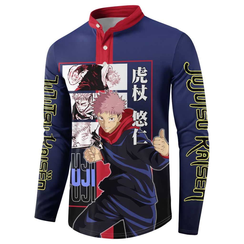 Yuji Itadori from Jujutsu Kaisen Button Sweatshirt with Action Pose and Energetic Expressions Design - The Mazicc