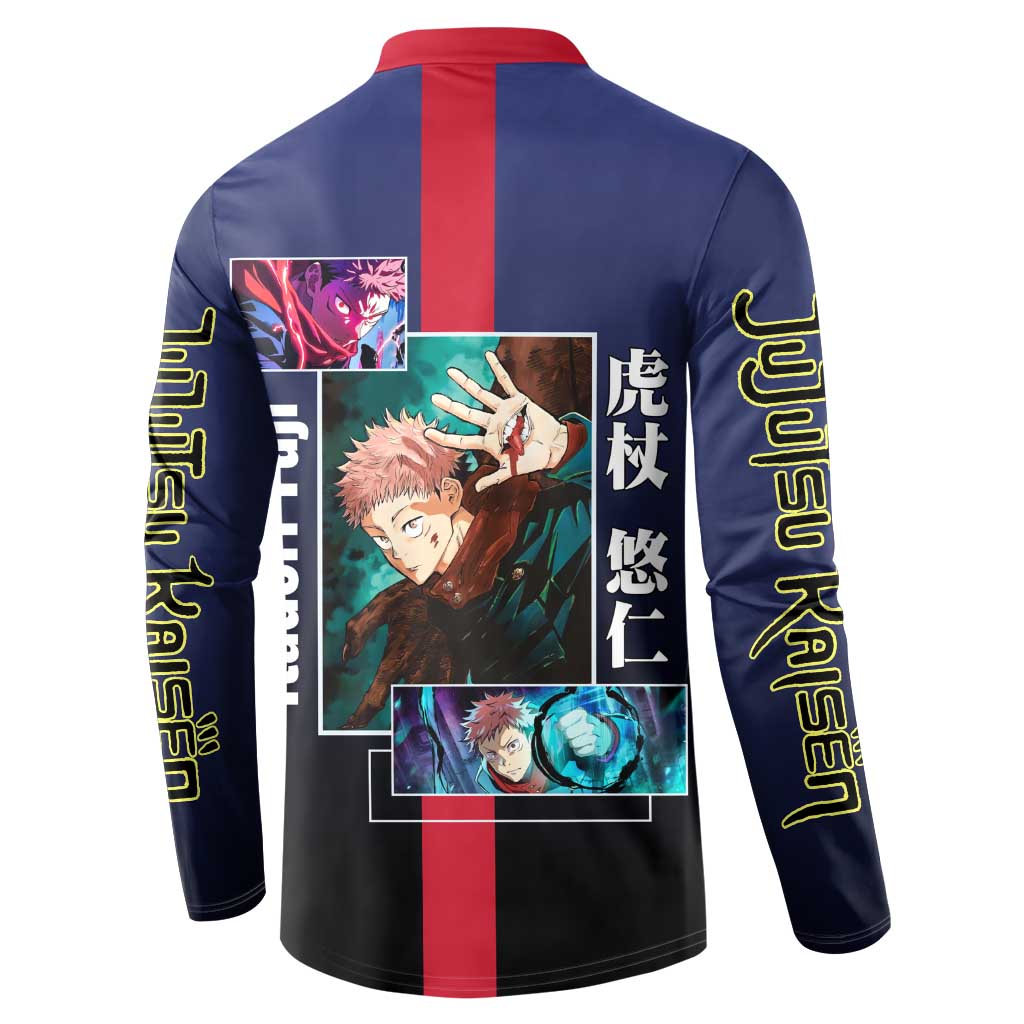 Yuji Itadori from Jujutsu Kaisen Button Sweatshirt with Action Pose and Energetic Expressions Design - The Mazicc