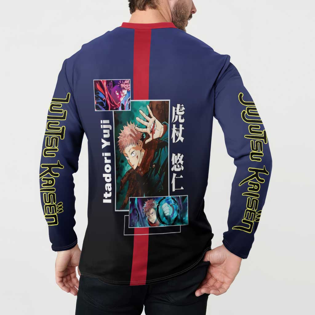 Yuji Itadori from Jujutsu Kaisen Button Sweatshirt with Action Pose and Energetic Expressions Design - The Mazicc