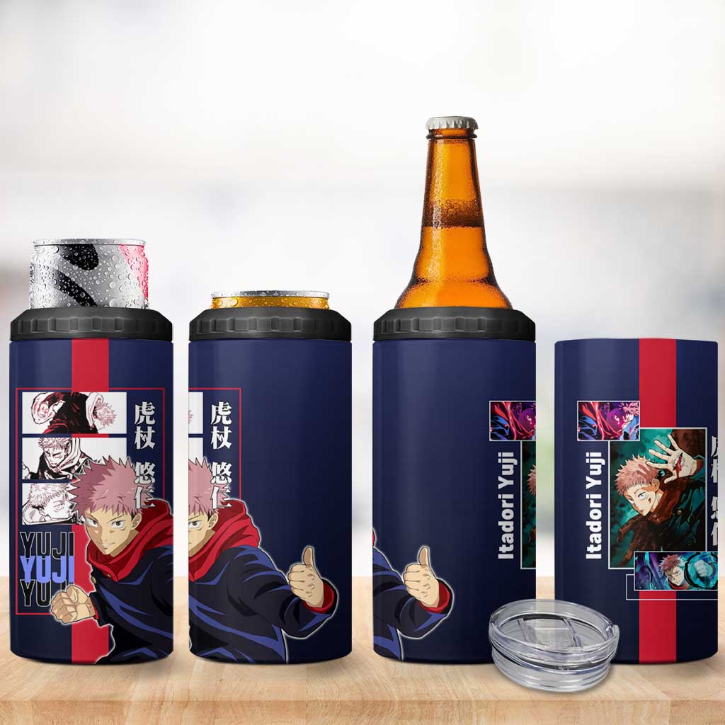 Yuji Itadori from Jujutsu Kaisen 4 in 1 Can Cooler Tumbler with Action Pose and Energetic Expressions Design - The Mazicc