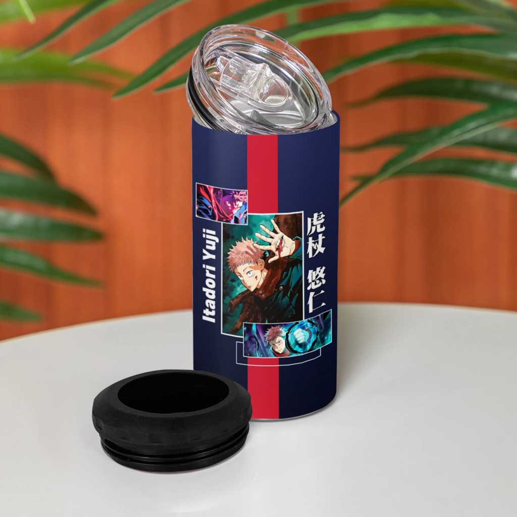 Yuji Itadori from Jujutsu Kaisen 4 in 1 Can Cooler Tumbler with Action Pose and Energetic Expressions Design - The Mazicc