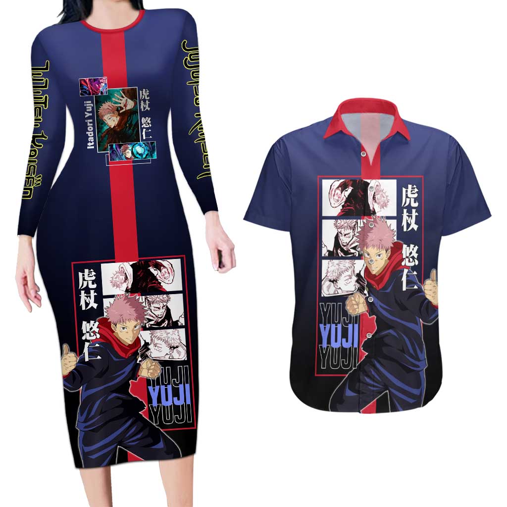 Yuji Itadori from Jujutsu Kaisen Couples Matching Long Sleeve Bodycon Dress and Hawaiian Shirt with Action Pose and Energetic Expressions Design - The Mazicc