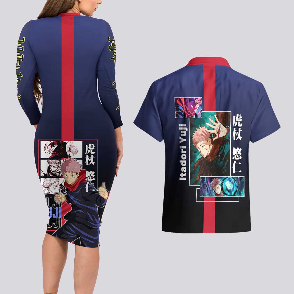 Yuji Itadori from Jujutsu Kaisen Couples Matching Long Sleeve Bodycon Dress and Hawaiian Shirt with Action Pose and Energetic Expressions Design - The Mazicc
