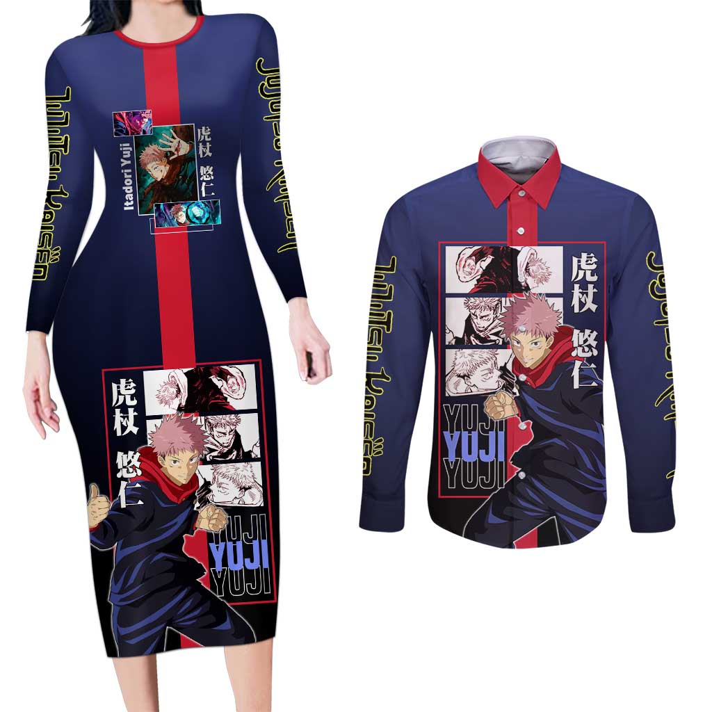 Yuji Itadori from Jujutsu Kaisen Couples Matching Long Sleeve Bodycon Dress and Long Sleeve Button Shirt with Action Pose and Energetic Expressions Design - The Mazicc