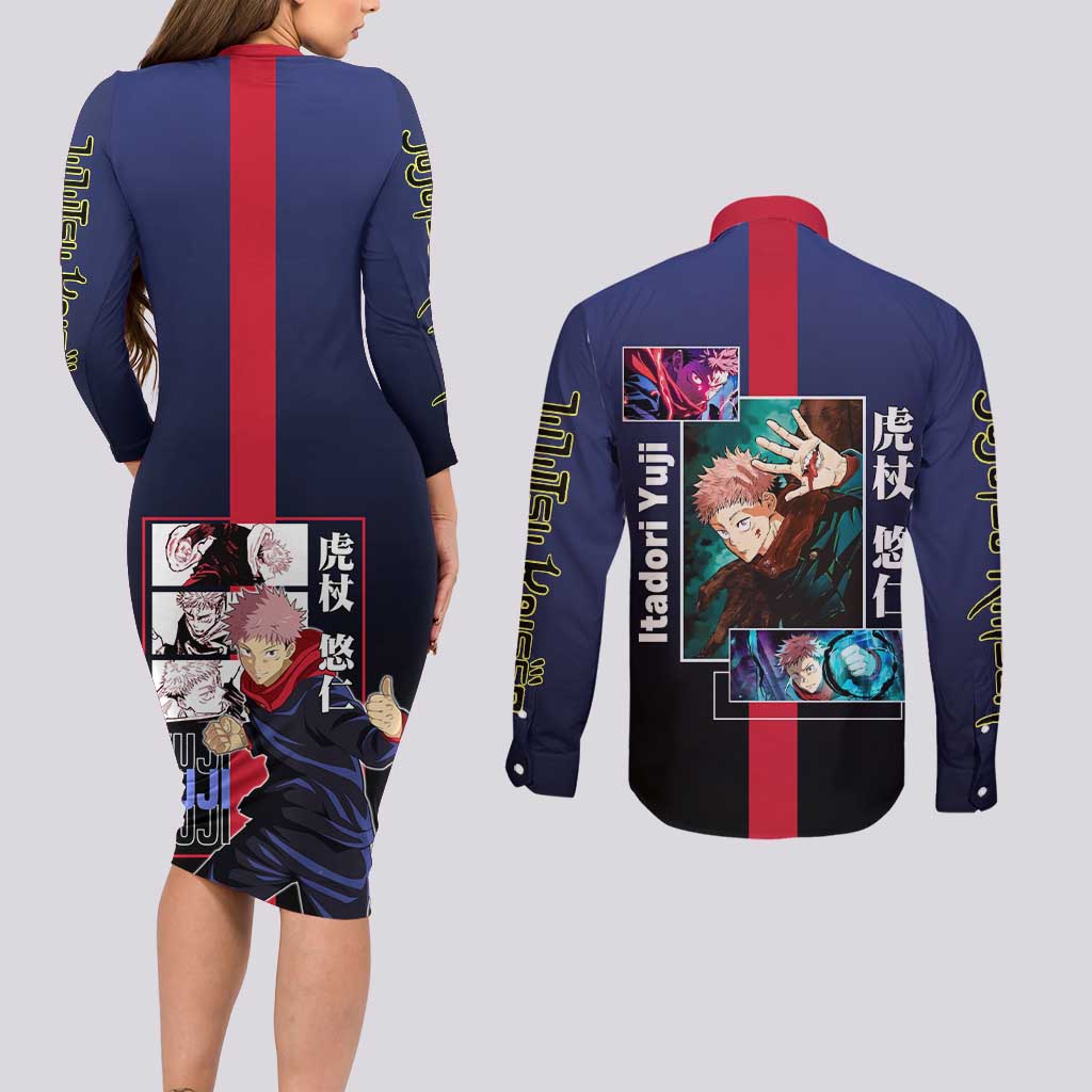 Yuji Itadori from Jujutsu Kaisen Couples Matching Long Sleeve Bodycon Dress and Long Sleeve Button Shirt with Action Pose and Energetic Expressions Design - The Mazicc