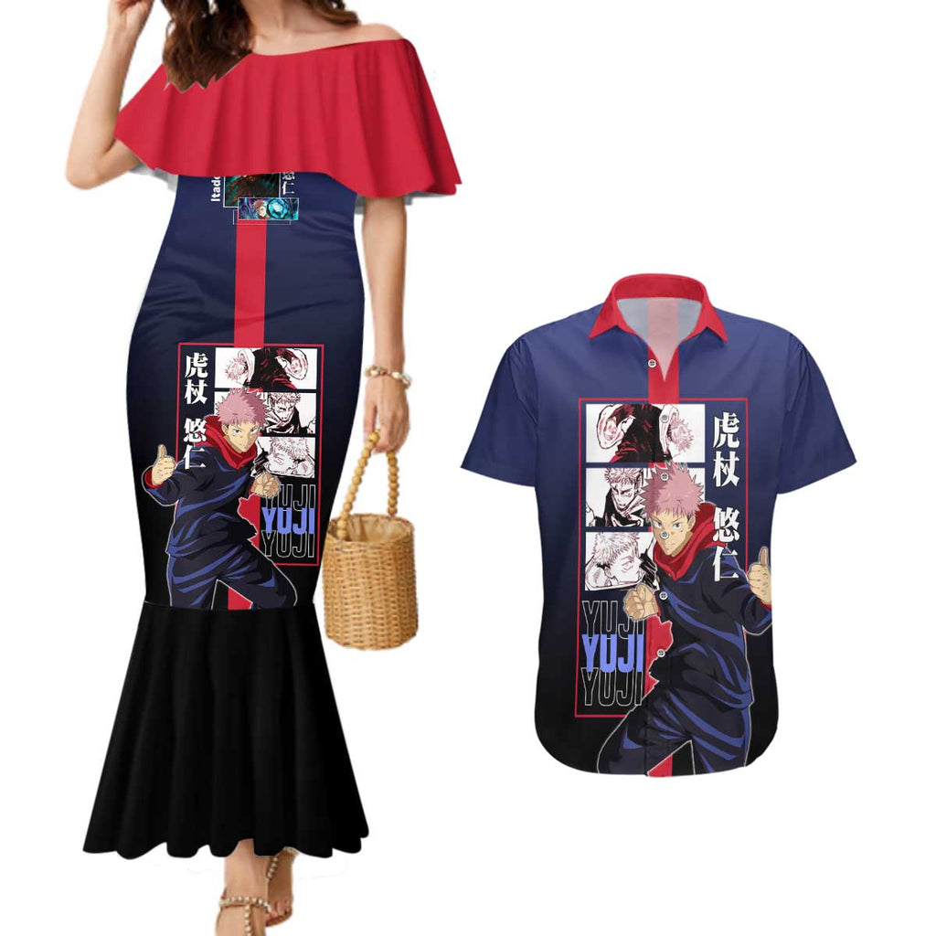 Yuji Itadori from Jujutsu Kaisen Couples Matching Mermaid Dress and Hawaiian Shirt with Action Pose and Energetic Expressions Design - The Mazicc