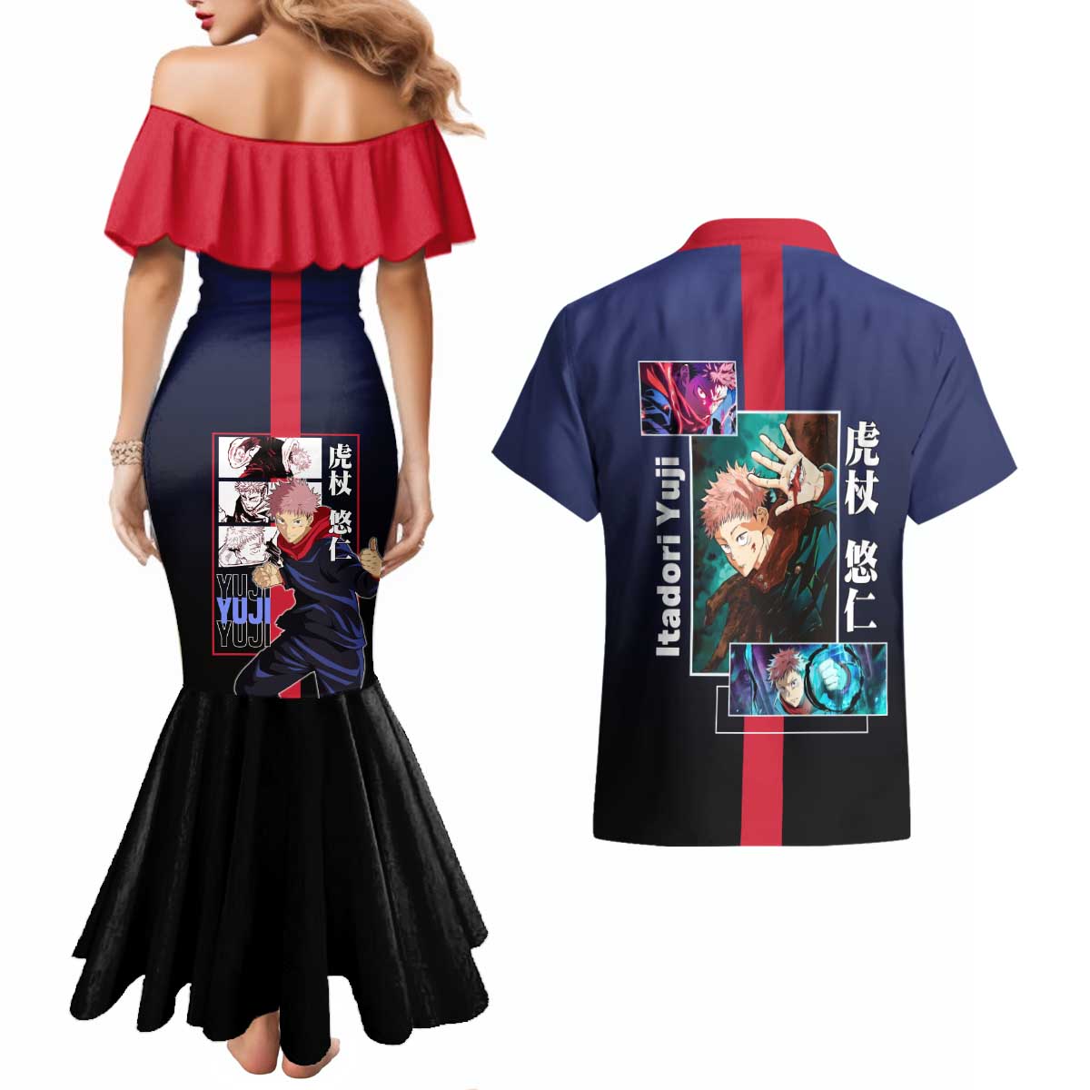 Yuji Itadori from Jujutsu Kaisen Couples Matching Mermaid Dress and Hawaiian Shirt with Action Pose and Energetic Expressions Design - The Mazicc