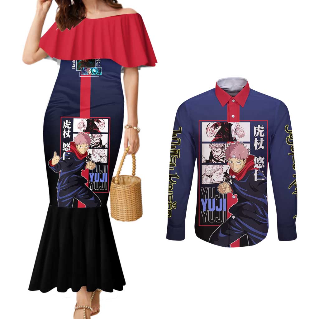 Yuji Itadori from Jujutsu Kaisen Couples Matching Mermaid Dress and Long Sleeve Button Shirt with Action Pose and Energetic Expressions Design - The Mazicc