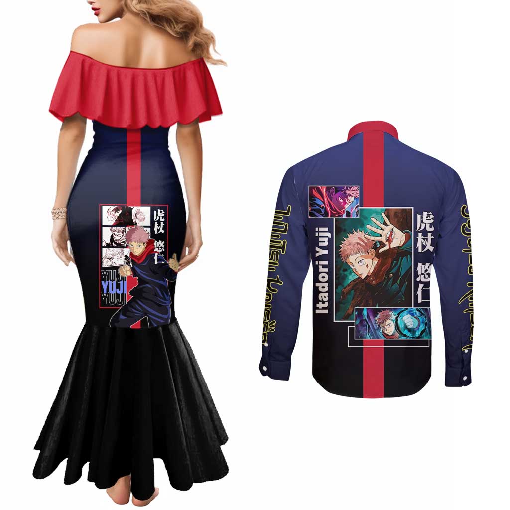 Yuji Itadori from Jujutsu Kaisen Couples Matching Mermaid Dress and Long Sleeve Button Shirt with Action Pose and Energetic Expressions Design - The Mazicc