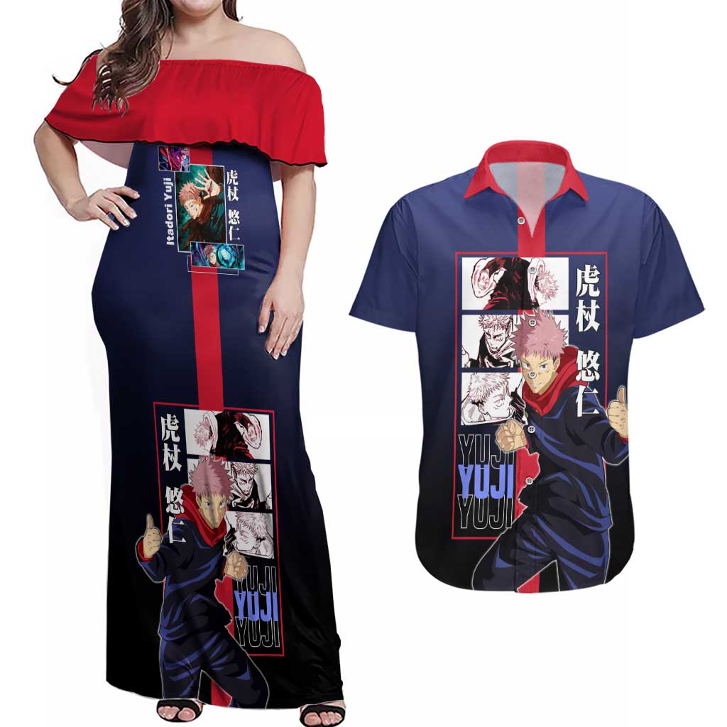 Yuji Itadori from Jujutsu Kaisen Couples Matching Off Shoulder Maxi Dress and Hawaiian Shirt with Action Pose and Energetic Expressions Design - The Mazicc