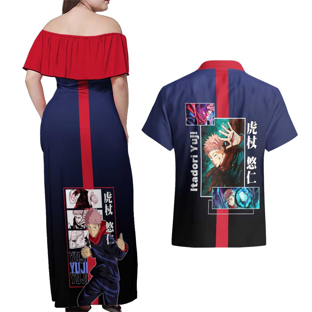 Yuji Itadori from Jujutsu Kaisen Couples Matching Off Shoulder Maxi Dress and Hawaiian Shirt with Action Pose and Energetic Expressions Design - The Mazicc